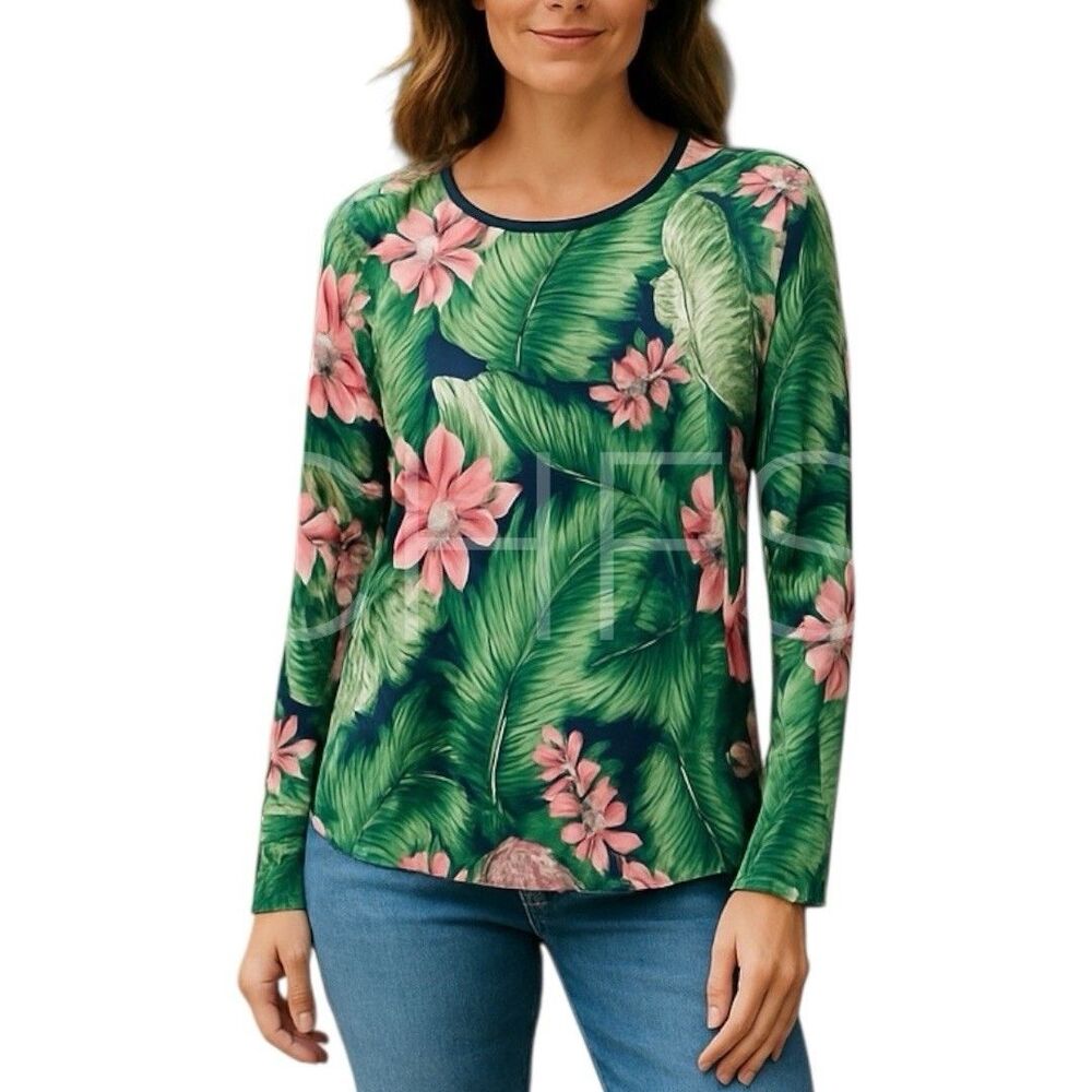 LANDS END Tropical Palms Floral Long Sleeve Swim Rash Guard UPF50+ Size Medium